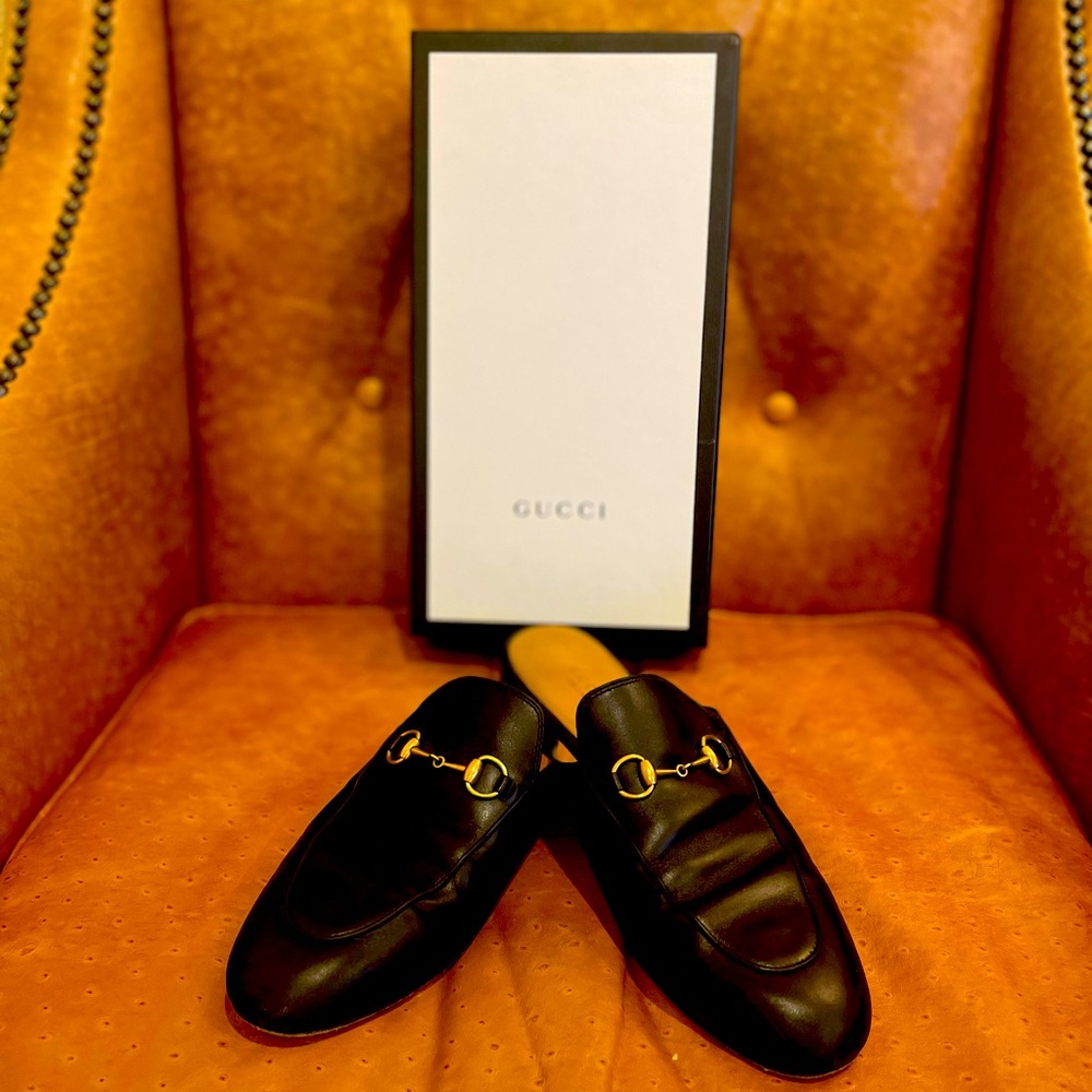 Gucci Black Leather Horsebit Mules with Gold Hardware